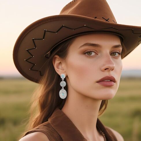 2 Pairs Western Country Earrings, Vintage Concho Jewelry Oval Synthetic Turquoise Dangle Earrings Fashion Accessories for Women Cowgirl Country Concert Outfit (Gold, Silver) in Saudi Arabia