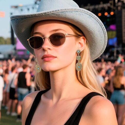 2 Pairs Western Country Earrings, Vintage Concho Jewelry Oval Synthetic Turquoise Dangle Earrings Fashion Accessories for Women Cowgirl Country Concert Outfit (Gold, Silver) in Saudi Arabia