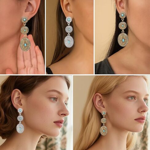2 Pairs Western Country Earrings, Vintage Concho Jewelry Oval Synthetic Turquoise Dangle Earrings Fashion Accessories for Women Cowgirl Country Concert Outfit (Gold, Silver) in Saudi Arabia