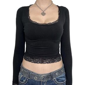Women Y2k Retro Long Sleeve Shirt Top Slim Fit Lace Trim T-Shirt Harajuku Fairy Aesthetic Tee Tops Streetwear in Saudi Arabia