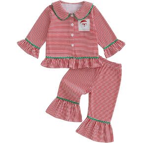 Baby Kid Girls Ruffled Cotton Pajamas Set Long Sleeve Button Down Shirts Tops and Pants Matching 2PCS Pj Lounge Sets in Kuwait