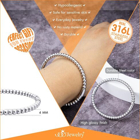 555Jewelry Stainless Steel Beaded Bracelets for Women 4mm Thick Classic Ball Bead Bracelet Simple Plain Bangle Bracelet for Men in Kuwait