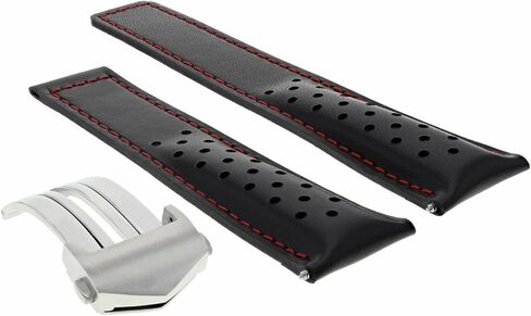 eWatchparts 22mm جلود ساعة شريط حزام متوافق مع Tag Heuer Grand Carrera Cav518 16 F1 Black Red مثقب in Kuwait