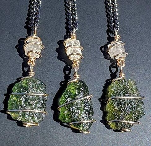 MOLDAVITE & Phenacite Necklace in Real Gold! 19" Phenakite 12 Kt Genuine Crystal Pendant. Synergy 12 Tektite Metaphysical Jewelry Meteorite Love in Saudi Arabia
