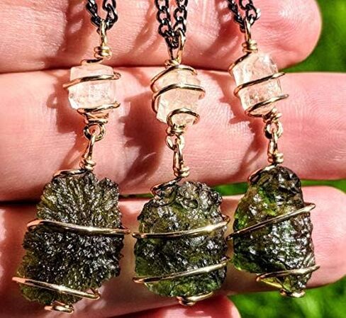 MOLDAVITE & Phenacite Necklace in Real Gold! 19" Phenakite 12 Kt Genuine Crystal Pendant. Synergy 12 Tektite Metaphysical Jewelry Meteorite Love in Saudi Arabia