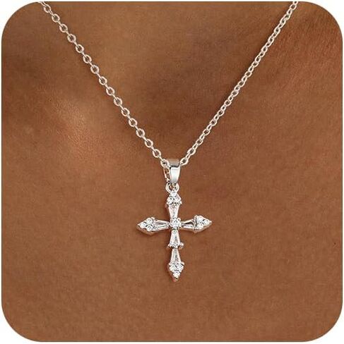 قلادة Lexody Cross للنساء ، 14 كيلو الذهب فضي مطلي بلطف Zirconia cross قلادة قلادة بسيطة in Kuwait