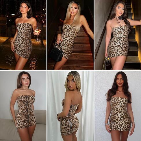 Women's Glitter Sequin Leopard Print Strapless Mini Dress Sexy Off Shoulder Sleeveless Bodycon for Party Night Club in Kuwait