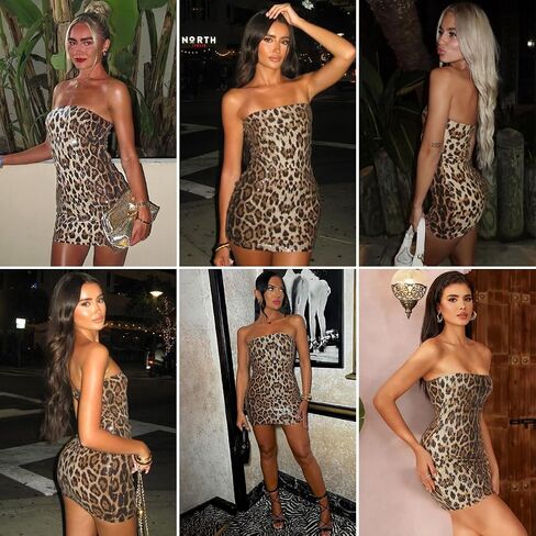 Women's Glitter Sequin Leopard Print Strapless Mini Dress Sexy Off Shoulder Sleeveless Bodycon for Party Night Club in Kuwait