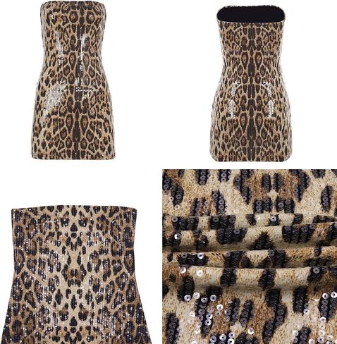 Women's Glitter Sequin Leopard Print Strapless Mini Dress Sexy Off Shoulder Sleeveless Bodycon for Party Night Club in Kuwait