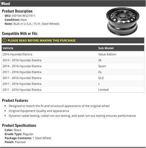 Steel Wheel - Black - 15 Inch - Compatible with 2011-2016 Hyundai Elantra in Saudi Arabia