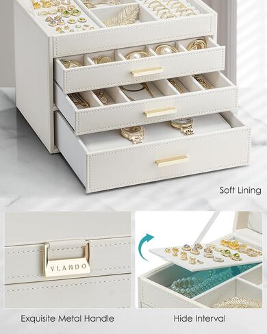Vlando 6 Layer Large Jewelry Box - Jewelry Holder Organizer, Jewelry Box Organizer for Drawer Necklace Ring Bracelet and Watch, Birthday Gift for Loved Ones - White in Kuwait
