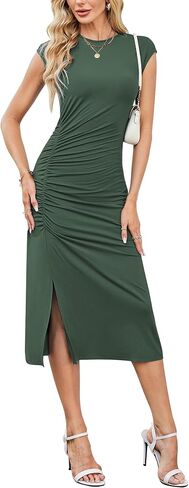 Newshows Women 2025 Summer Disual Bodycon Long Midi Midi Ruched Side Slit Cap Cap Crew Neck Slim Fit Victure in Kuwait