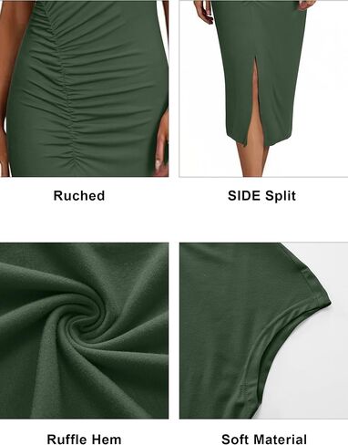 Newshows Women 2025 Summer Disual Bodycon Long Midi Midi Ruched Side Slit Cap Cap Crew Neck Slim Fit Victure in Kuwait