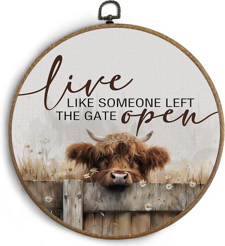KTYHD Western Highland Cow Wall Art,Live like Someone Left the Gate Open Round Canvas Wall Art,Farm Cottagecore Animal Highland Cow Wall Decor for Kitchen Bathroom,Cow Gifts for Women Cow Lovers in Saudi Arabia