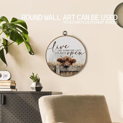 KTYHD Western Highland Cow Wall Art,Live like Someone Left the Gate Open Round Canvas Wall Art,Farm Cottagecore Animal Highland Cow Wall Decor for Kitchen Bathroom,Cow Gifts for Women Cow Lovers in Saudi Arabia