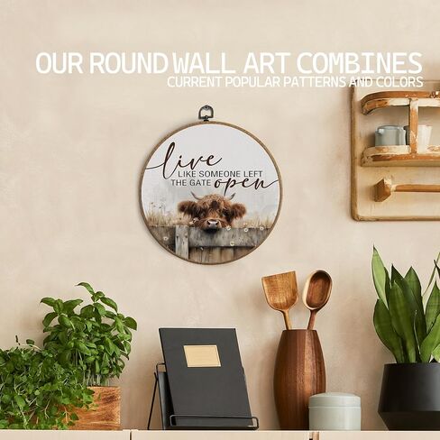 KTYHD Western Highland Cow Wall Art,Live like Someone Left the Gate Open Round Canvas Wall Art,Farm Cottagecore Animal Highland Cow Wall Decor for Kitchen Bathroom,Cow Gifts for Women Cow Lovers in Saudi Arabia