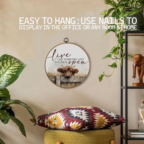 KTYHD Western Highland Cow Wall Art,Live like Someone Left the Gate Open Round Canvas Wall Art,Farm Cottagecore Animal Highland Cow Wall Decor for Kitchen Bathroom,Cow Gifts for Women Cow Lovers in Saudi Arabia