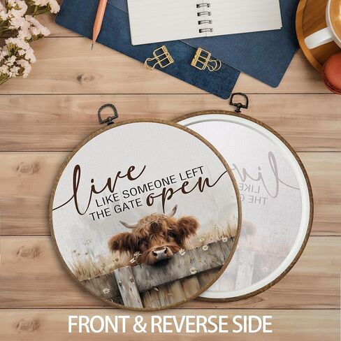 KTYHD Western Highland Cow Wall Art,Live like Someone Left the Gate Open Round Canvas Wall Art,Farm Cottagecore Animal Highland Cow Wall Decor for Kitchen Bathroom,Cow Gifts for Women Cow Lovers in Saudi Arabia