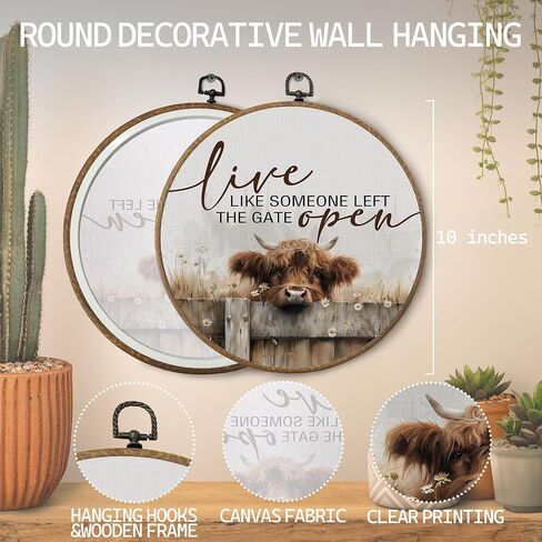 KTYHD Western Highland Cow Wall Art,Live like Someone Left the Gate Open Round Canvas Wall Art,Farm Cottagecore Animal Highland Cow Wall Decor for Kitchen Bathroom,Cow Gifts for Women Cow Lovers in Saudi Arabia