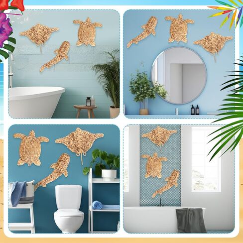 Threehoney 3 Pcs Boho Starfish Beach Theme Bathroom Decor 3 Size Handmade Wicker Starfish Wall Decors Summer Nautical Seaside Sea Life Hanging Wall Art for Scandinavian Coastal Indoor Outdoor Table in Saudi Arabia