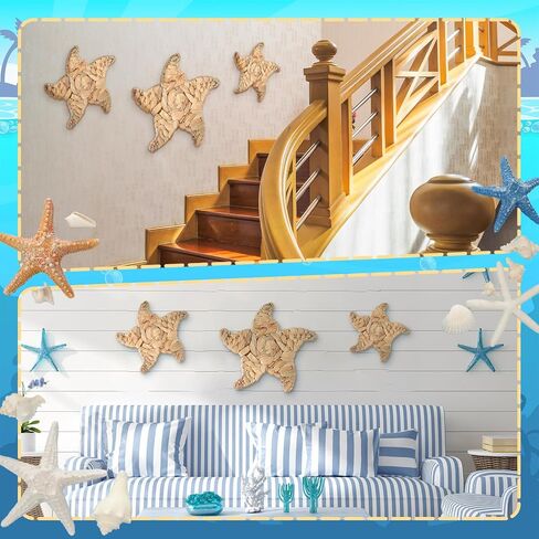 Threehoney 3 Pcs Boho Starfish Beach Theme Bathroom Decor 3 Size Handmade Wicker Starfish Wall Decors Summer Nautical Seaside Sea Life Hanging Wall Art for Scandinavian Coastal Indoor Outdoor Table in Saudi Arabia