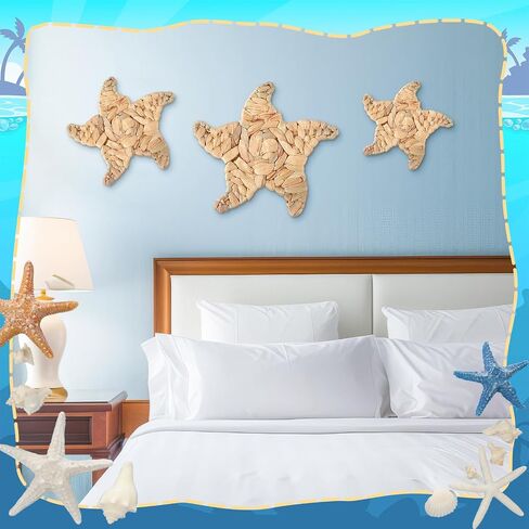Threehoney 3 Pcs Boho Starfish Beach Theme Bathroom Decor 3 Size Handmade Wicker Starfish Wall Decors Summer Nautical Seaside Sea Life Hanging Wall Art for Scandinavian Coastal Indoor Outdoor Table in Saudi Arabia