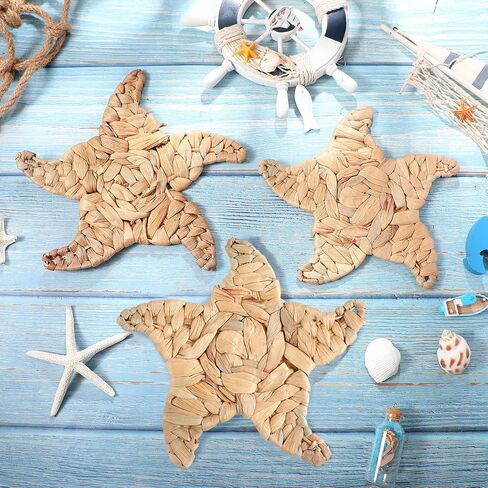 Threehoney 3 Pcs Boho Starfish Beach Theme Bathroom Decor 3 Size Handmade Wicker Starfish Wall Decors Summer Nautical Seaside Sea Life Hanging Wall Art for Scandinavian Coastal Indoor Outdoor Table in Saudi Arabia
