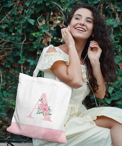 Pink Initial Flower Coquette Canvas Tote Bag for Women & Teens in Saudi Arabia
