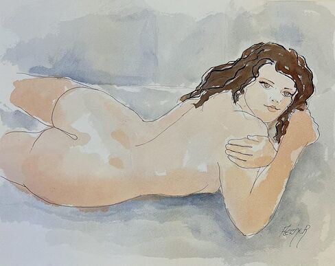 Female Nude Original Mixed Media Drawing of a reclining woman in bed in Saudi Arabia