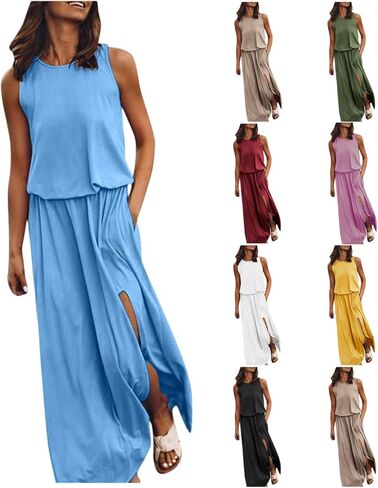 Summer Dresses for Women 2025 Vacation Sleeveless Tank Dress Loose Fit Flowy Dress Side Split Dress with Pockets in Saudi Arabia