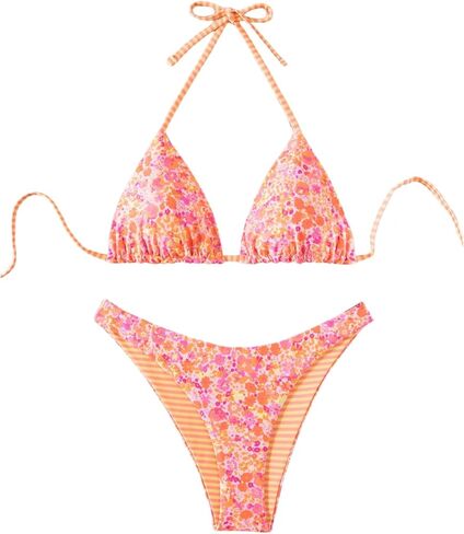 Wdirara Women's 2 قطعة بيكيني مخططة البيكيني مجموعة الرسن سلسلة ثونغ Swimsuit عالي قطع السباحة in Saudi Arabia