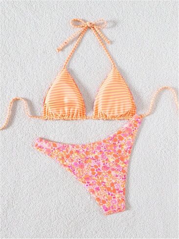 Wdirara Women's 2 قطعة بيكيني مخططة البيكيني مجموعة الرسن سلسلة ثونغ Swimsuit عالي قطع السباحة in Saudi Arabia
