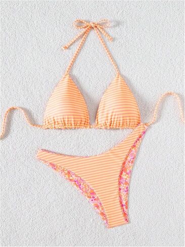 Wdirara Women's 2 قطعة بيكيني مخططة البيكيني مجموعة الرسن سلسلة ثونغ Swimsuit عالي قطع السباحة in Saudi Arabia
