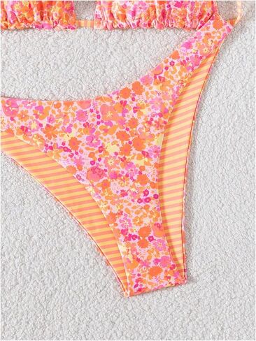 Wdirara Women's 2 قطعة بيكيني مخططة البيكيني مجموعة الرسن سلسلة ثونغ Swimsuit عالي قطع السباحة in Saudi Arabia