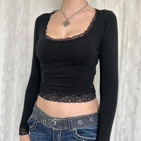 Women Y2k Retro Long Sleeve Shirt Top Slim Fit Lace Trim T-Shirt Harajuku Fairy Aesthetic Tee Tops Streetwear in Saudi Arabia