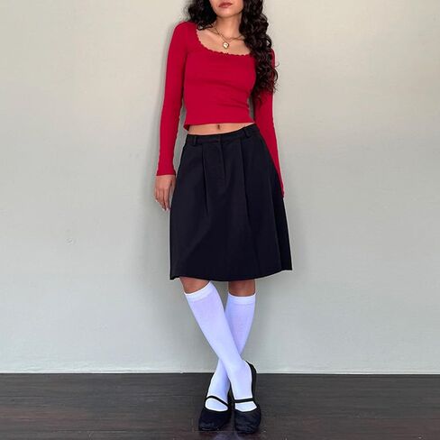 Women Y2k Retro Long Sleeve Shirt Top Slim Fit Lace Trim T-Shirt Harajuku Fairy Aesthetic Tee Tops Streetwear in Kuwait