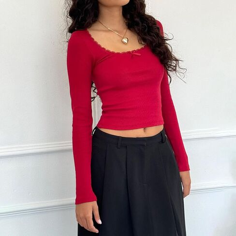 Women Y2k Retro Long Sleeve Shirt Top Slim Fit Lace Trim T-Shirt Harajuku Fairy Aesthetic Tee Tops Streetwear in Kuwait