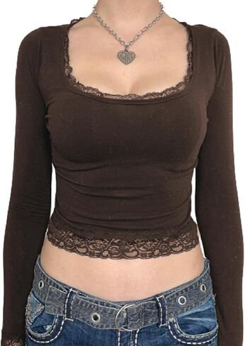 Women Y2k Retro Long Sleeve Shirt Top Slim Fit Lace Trim T-Shirt Harajuku Fairy Aesthetic Tee Tops Streetwear in Kuwait