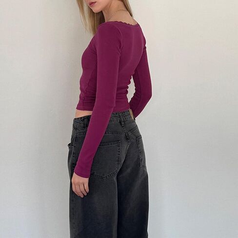 Women Y2k Retro Long Sleeve Shirt Top Slim Fit Lace Trim T-Shirt Harajuku Fairy Aesthetic Tee Tops Streetwear in Kuwait
