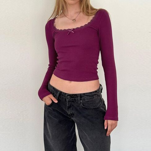 Women Y2k Retro Long Sleeve Shirt Top Slim Fit Lace Trim T-Shirt Harajuku Fairy Aesthetic Tee Tops Streetwear in Kuwait