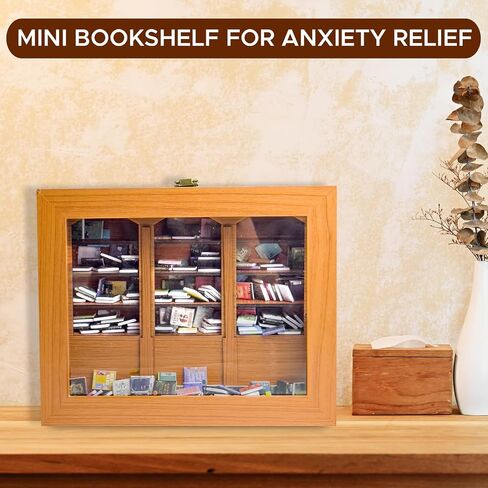 Anxiety Bookshelf with Mini Brands Books Shake Away Your Anxiety Ornament Mini Bookshelf Stress Relief Miniature Library Decor Gifts for Book Lovers Home Office Decoration (Brown) in Saudi Arabia