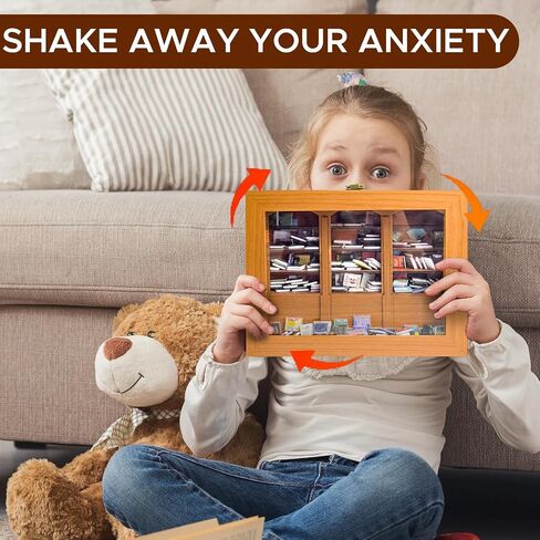 Anxiety Bookshelf with Mini Brands Books Shake Away Your Anxiety Ornament Mini Bookshelf Stress Relief Miniature Library Decor Gifts for Book Lovers Home Office Decoration (Brown) in Saudi Arabia