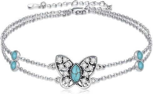Natural Turquoise Butterfly Bracelet 925 Sterling Silver Butterfly Adjustable Layered Foot Anklet Bracelet for Women Beach Summer Jewelry Gifts for Birthday in Saudi Arabia
