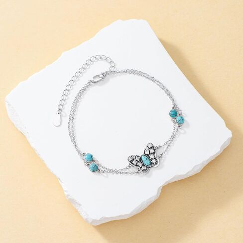 Natural Turquoise Butterfly Bracelet 925 Sterling Silver Butterfly Adjustable Layered Foot Anklet Bracelet for Women Beach Summer Jewelry Gifts for Birthday in Saudi Arabia
