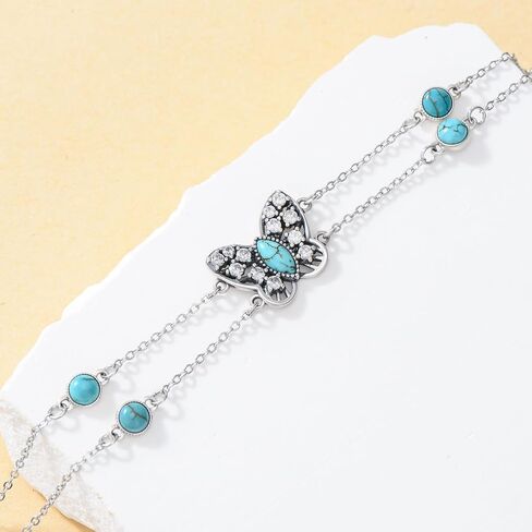 Natural Turquoise Butterfly Bracelet 925 Sterling Silver Butterfly Adjustable Layered Foot Anklet Bracelet for Women Beach Summer Jewelry Gifts for Birthday in Saudi Arabia