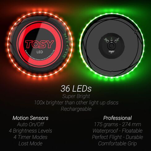 TOSY Flying Disc - 16 Million Color RGB or 36 LEDs, Extremely Bright, Smart Modes, Auto Light Up, Rechargeable, Cool Valentine, Easter, Birthday & Camping Gift for Men/Boys/Teens/Kids, 175g Frisbee in Kuwait