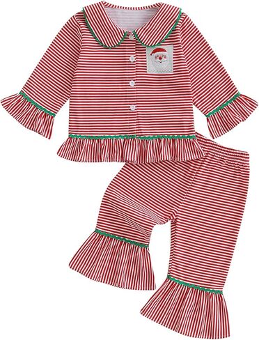 Baby Kid Girls Ruffled Cotton Pajamas Set Long Sleeve Button Down Shirts Tops and Pants Matching 2PCS Pj Lounge Sets in Kuwait