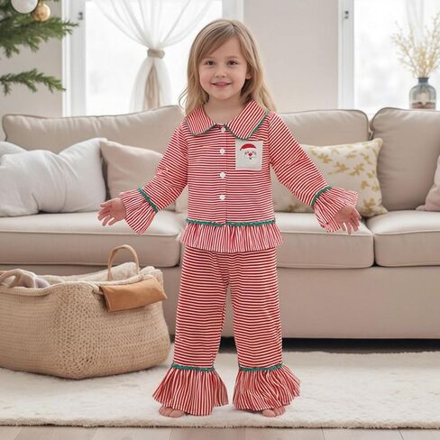 Baby Kid Girls Ruffled Cotton Pajamas Set Long Sleeve Button Down Shirts Tops and Pants Matching 2PCS Pj Lounge Sets in Kuwait