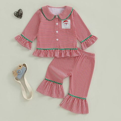 Baby Kid Girls Ruffled Cotton Pajamas Set Long Sleeve Button Down Shirts Tops and Pants Matching 2PCS Pj Lounge Sets in Kuwait