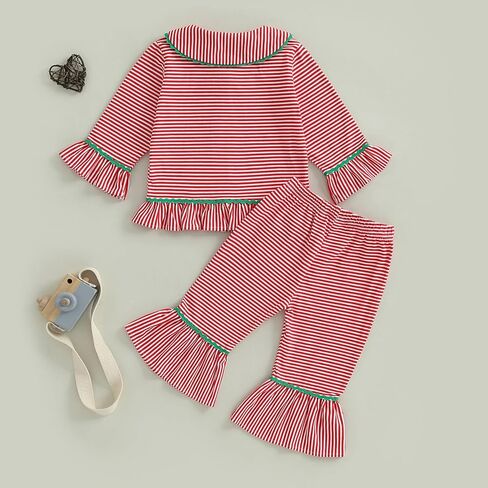 Baby Kid Girls Ruffled Cotton Pajamas Set Long Sleeve Button Down Shirts Tops and Pants Matching 2PCS Pj Lounge Sets in Kuwait